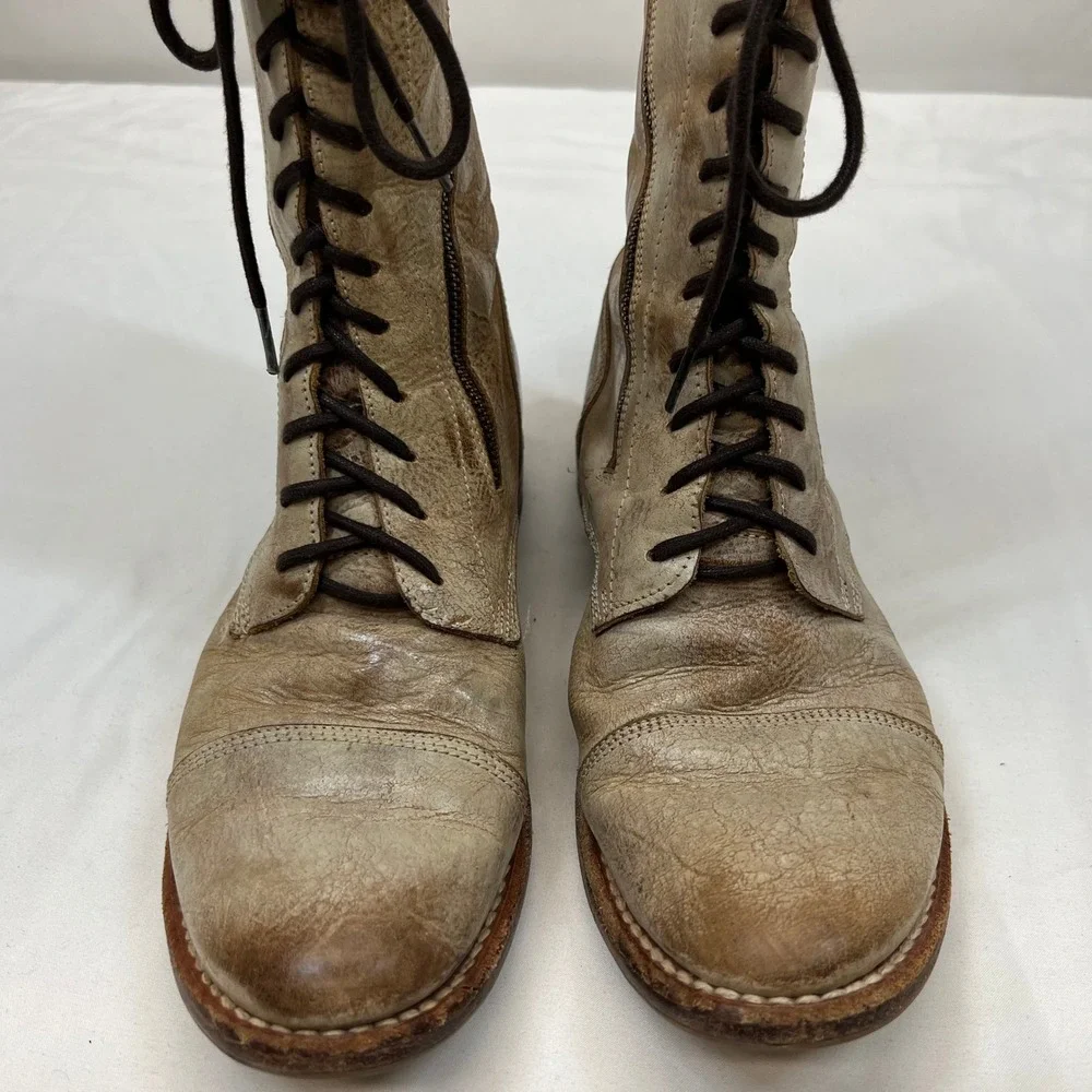 Bed Stu Protege Distressed Tan Leather Cap Toe Combat Boots Size 8 2364